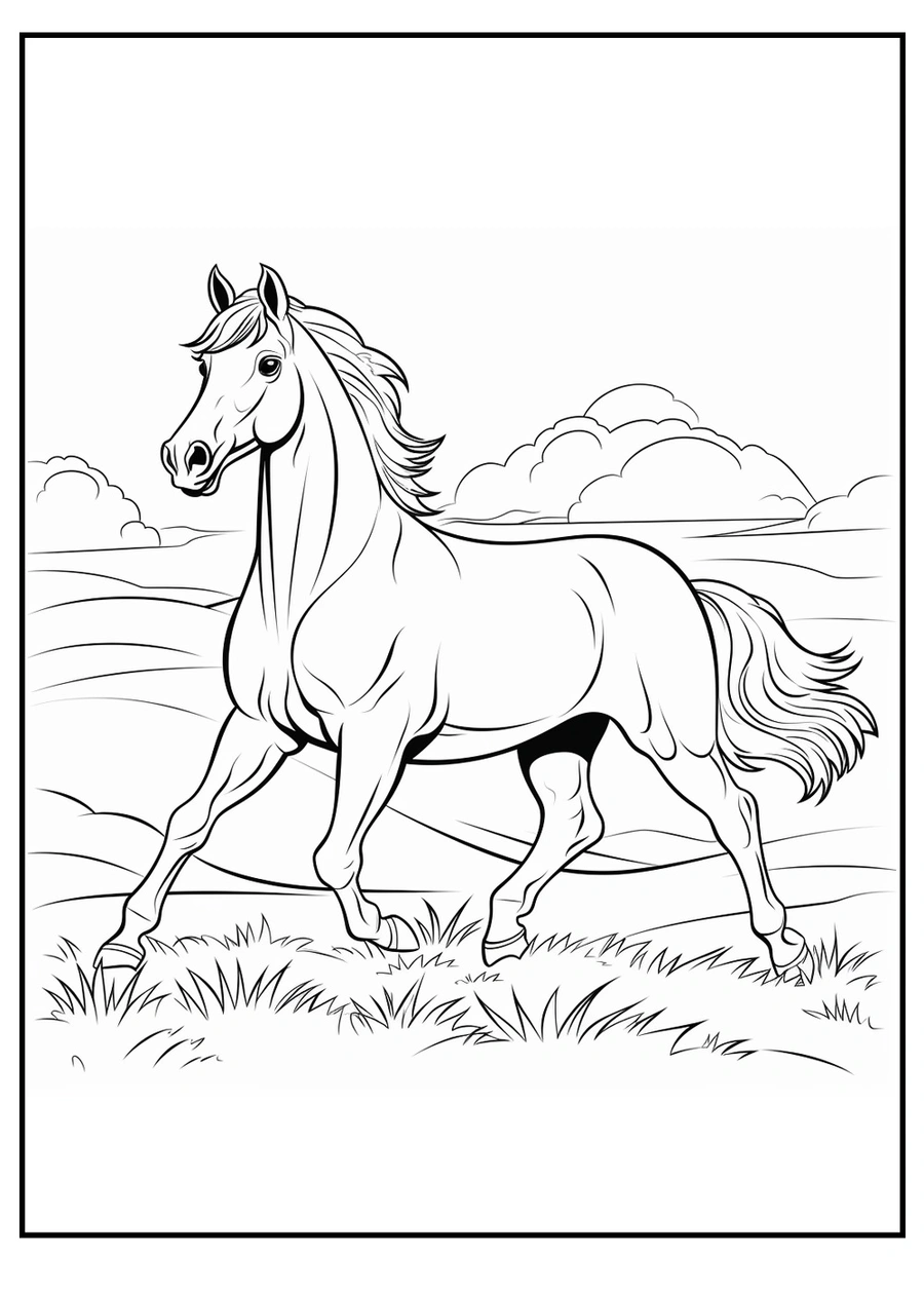 Paarden kleurplaat van een paard in draf met wapperende manen in de natuur kleurplaat