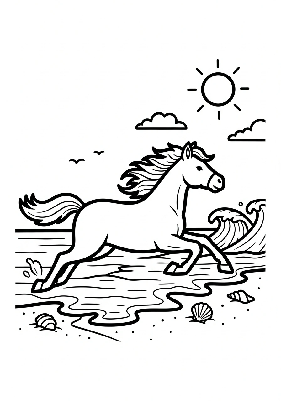 Paarden kleurplaat van een paard dat in galop over het strand rent met golven en schelpen kleurplaat