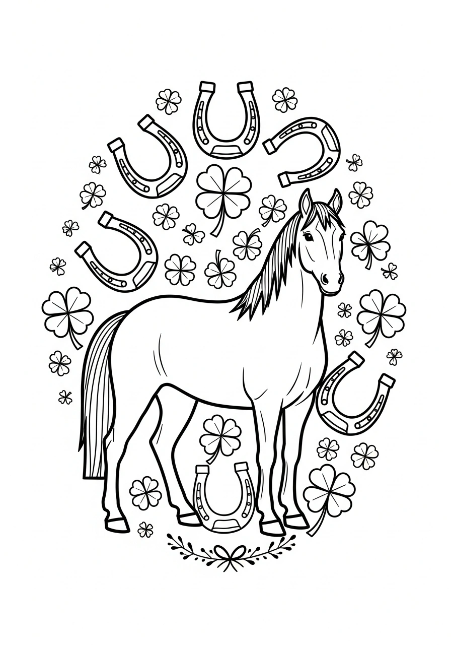 Paarden kleurplaat met een paard omringd door hoefijzers en klavertjesvier voor geluk kleurplaat