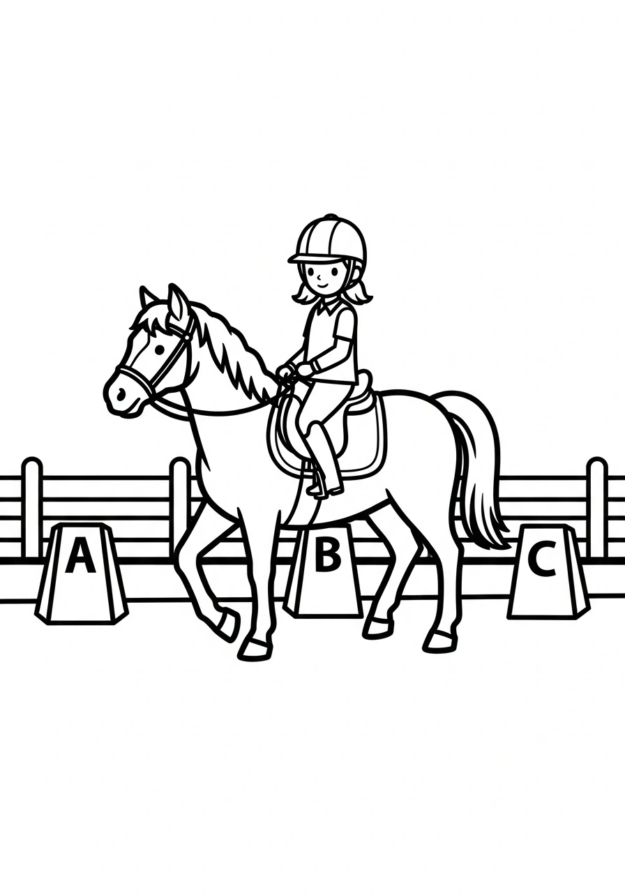 Paarden kleurplaat van een paard met ruiter in een dressuurbaan met letters langs de rand kleurplaat