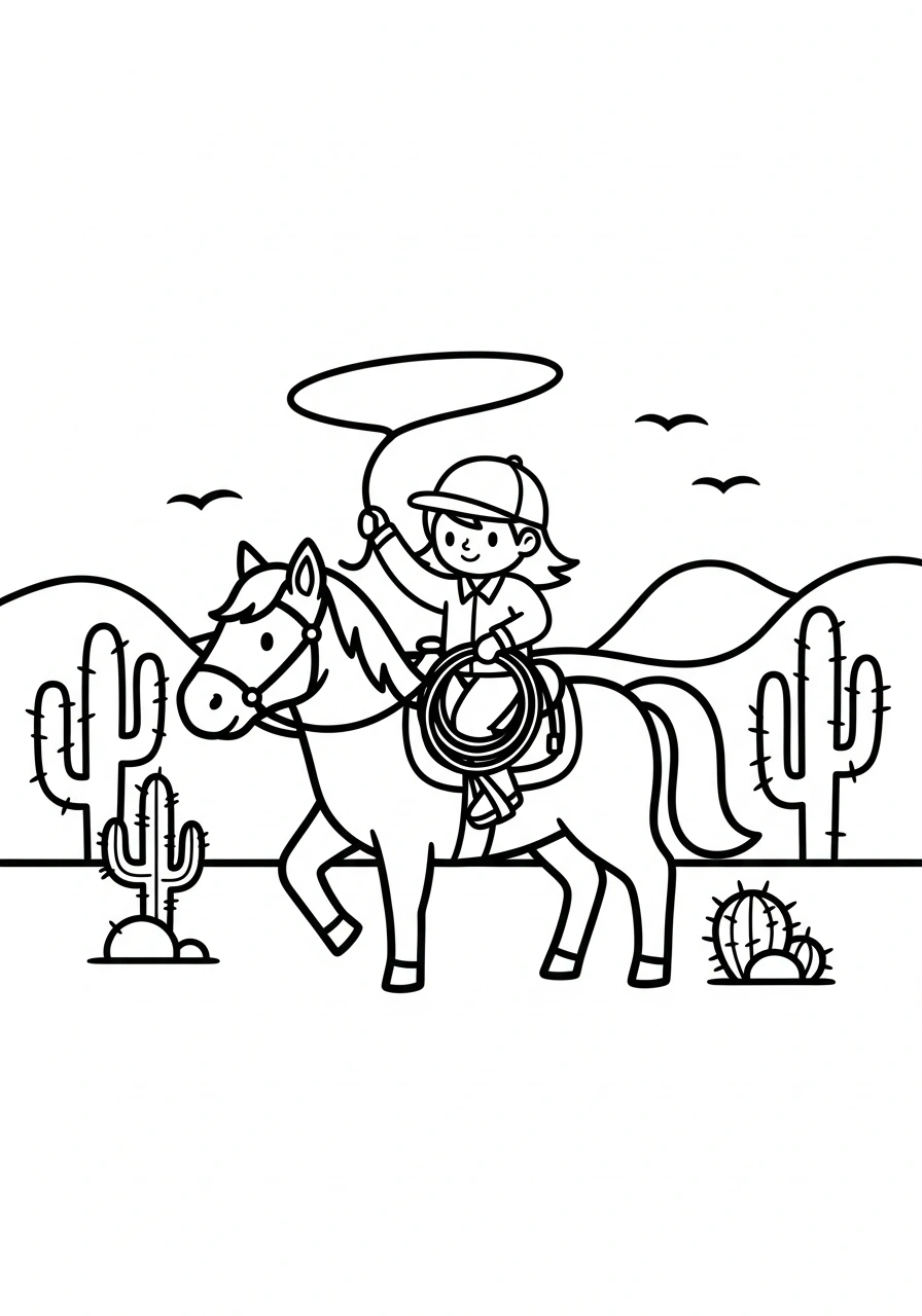 Paarden kleurplaat van een paard met ruiter in westernstijl met een lasso, vrolijk en kindvriendelijk kleurplaat