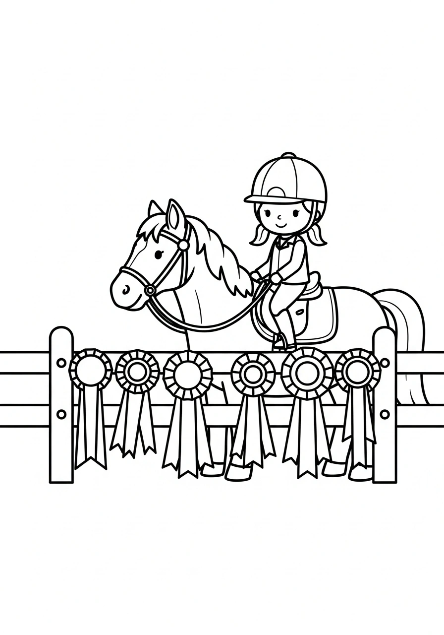 Paarden kleurplaat van een paard met ruiter langs een lijn met rozetten en linten, feestelijk na de wedstrijd kleurplaat