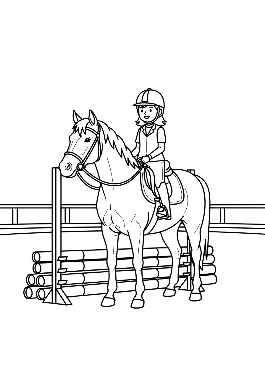 Paarden kleurplaat van een paard met ruiter naast een stapel springbalken, klaar voor training kleurplaat