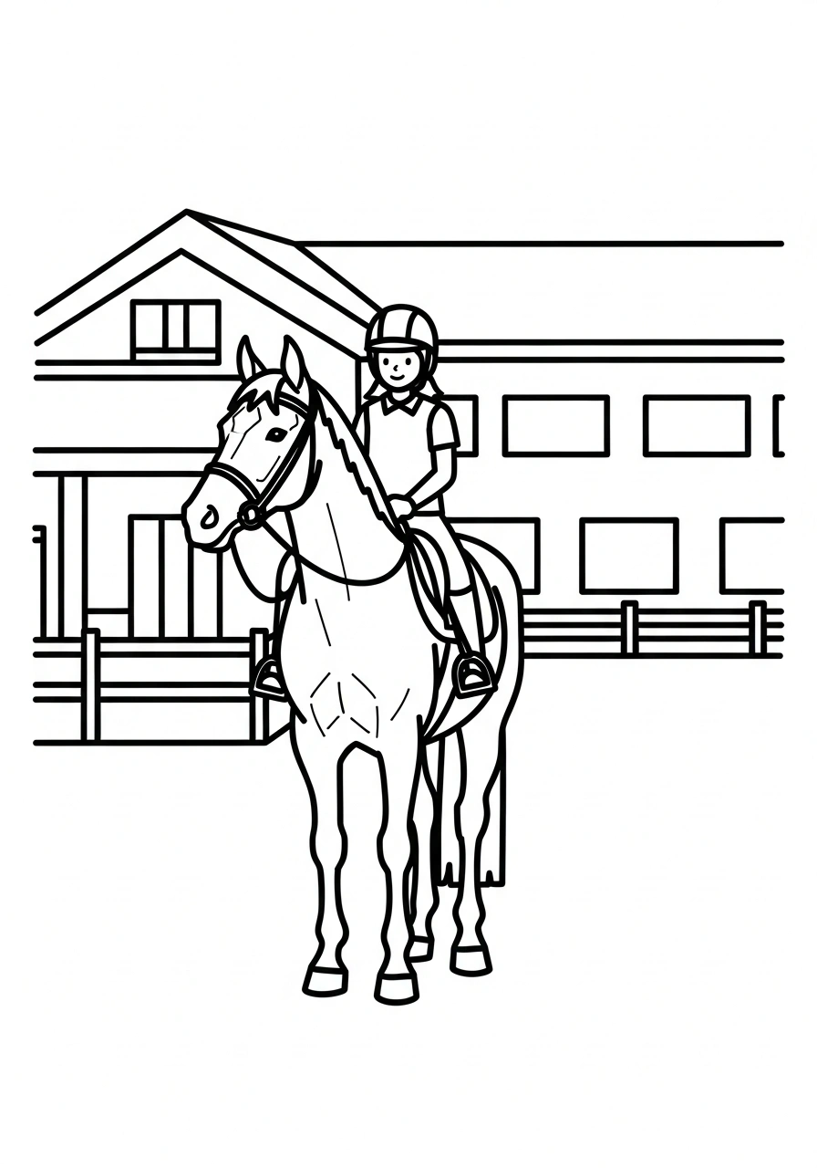 Paarden kleurplaat van een paard met ruiter in een springparcours met meerdere hindernissen op de achtergrond kleurplaat
