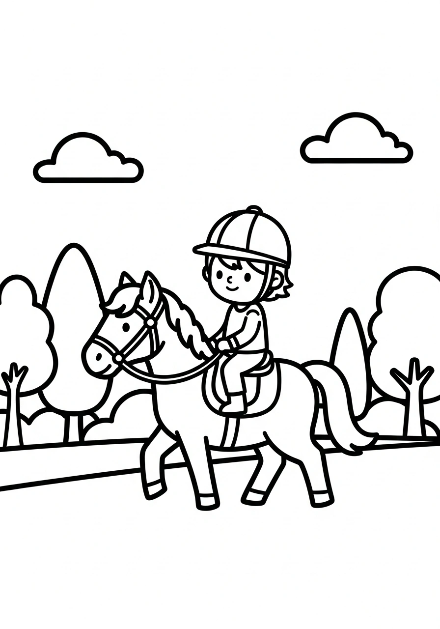 Paarden kleurplaat van een paard met ruiter op een buitenrit langs bomen en een pad kleurplaat