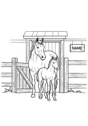 Paard met veulen bij de staldeur kleurplaat