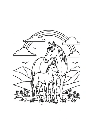 Paard met veulen en regenboog kleurplaat