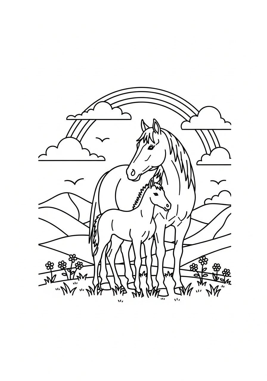 Paarden kleurplaat van een paard met veulen onder een regenboog in een weide, vrolijk en zacht kleurplaat