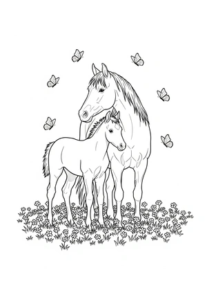 Paard met veulen en vlinders kleurplaat