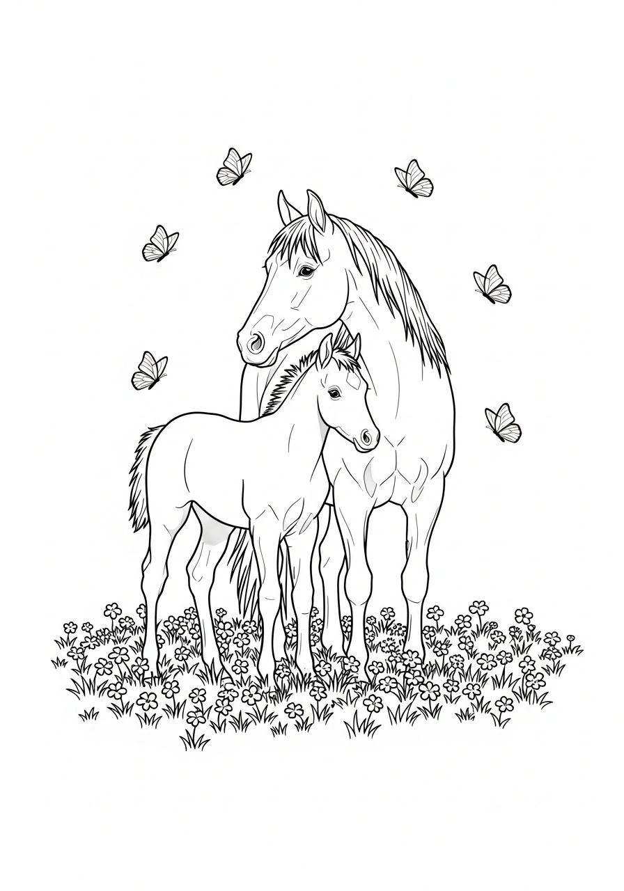 Paarden kleurplaat van een paard met veulen terwijl vlinders rondvliegen in een lenteweide kleurplaat