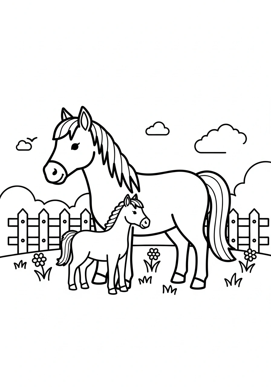 Paarden kleurplaat van een moederpaard met veulen in een bloemrijke wei, kindvriendelijk en eenvoudig te kleuren kleurplaat