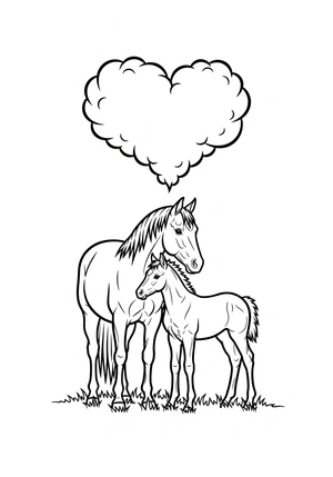 Paard met veulen in hartvormige wolk kleurplaat