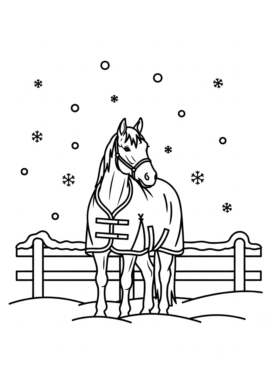 Paarden kleurplaat van een paard met winterdeken in een sneeuwlandschap met sneeuwvlokken kleurplaat
