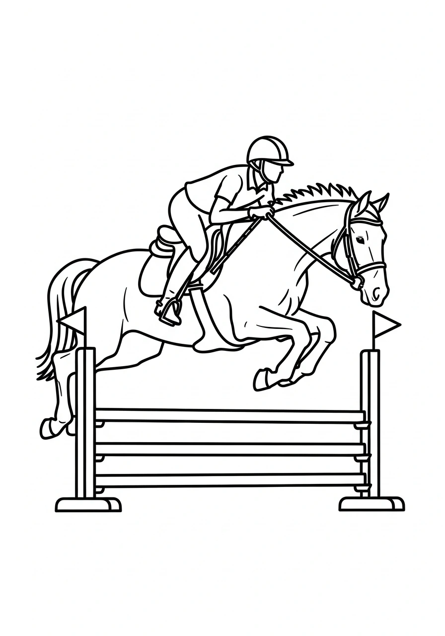 Paarden kleurplaat van paard springen met ruiter over een hek, met eenvoudige arena-achtergrond kleurplaat