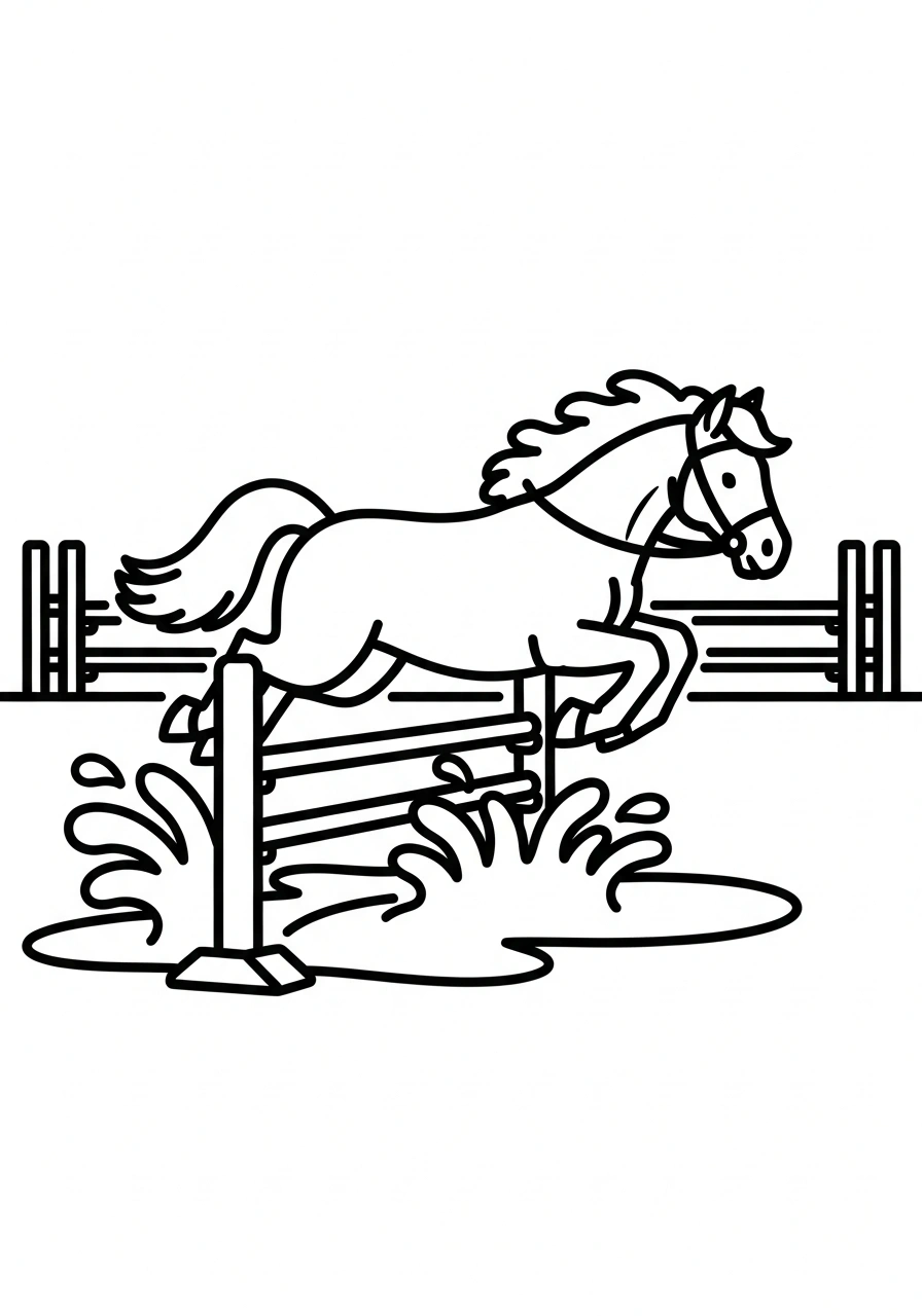 Paarden kleurplaat van een paard dat springt over een waterbak met spetters in een springparcours kleurplaat