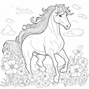 Paard tussen de bloemen kleurplaat