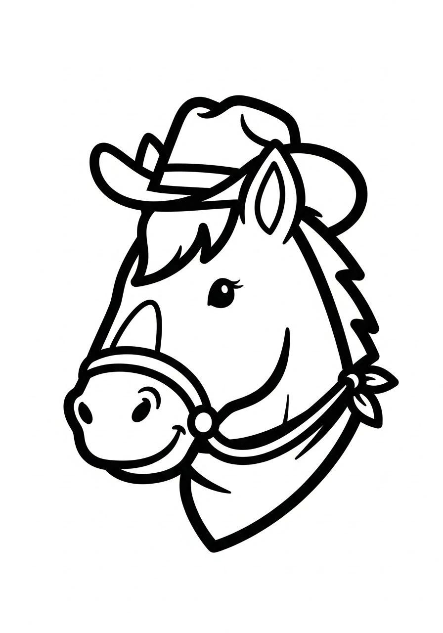 Paarden kleurplaat van een paardenhoofd met een cowboyhoed en een vrolijke westernsfeer kleurplaat