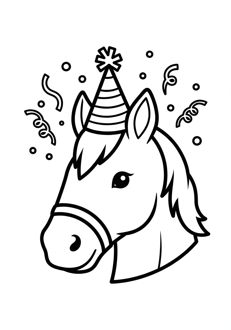 Paarden kleurplaat van een paardenhoofd met feesthoedje en confetti, vrolijk en simpel kleurplaat