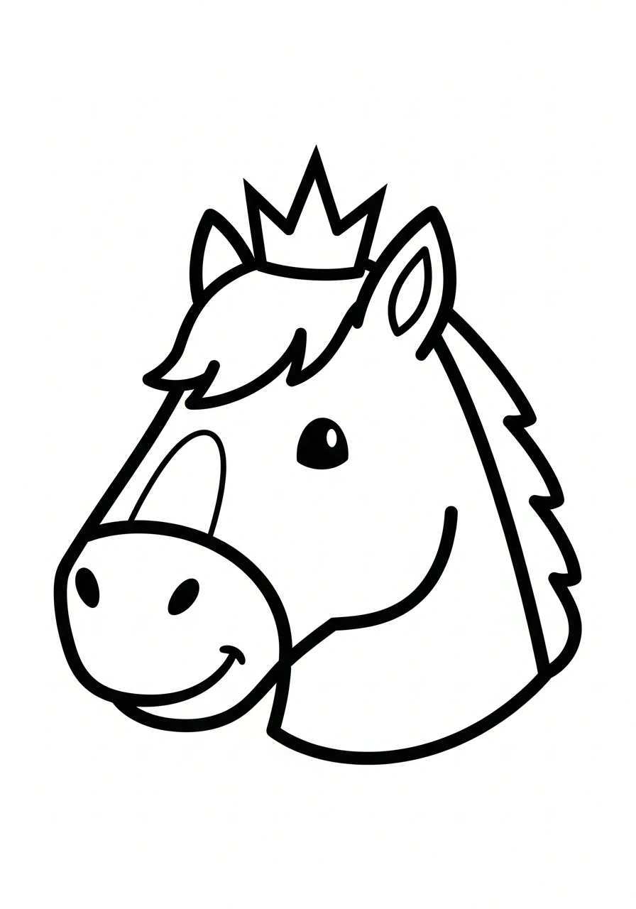 Paarden kleurplaat van een paardenhoofd met een kroon, koninklijk en kindvriendelijk kleurplaat