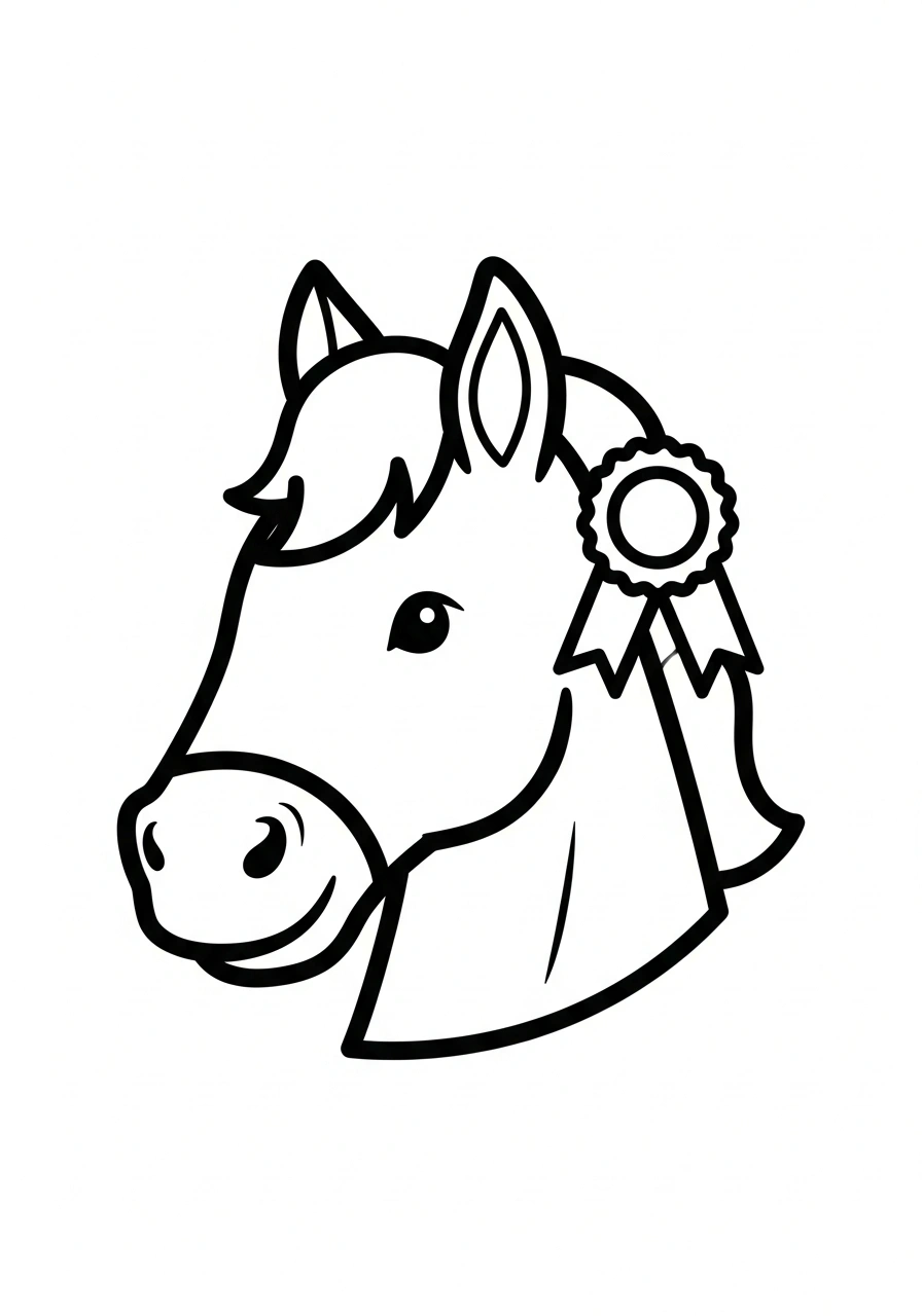 Paarden kleurplaat van een paardenhoofd met een rozet in de manen, trots en feestelijk kleurplaat