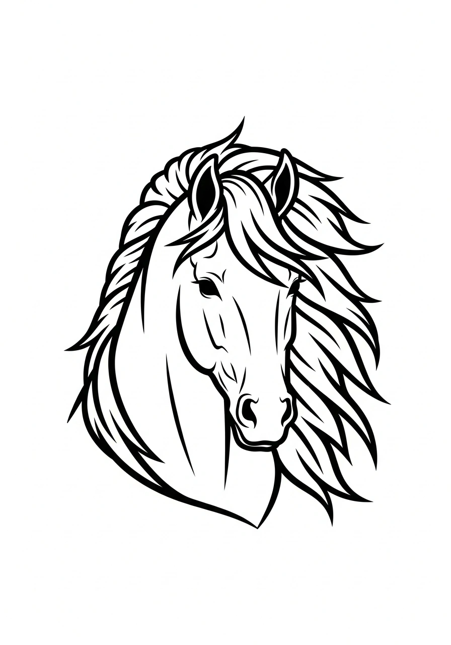 Paarden kleurplaat van een paardenhoofd met sierlijk golvende manen, mooi om creatief in te kleuren kleurplaat