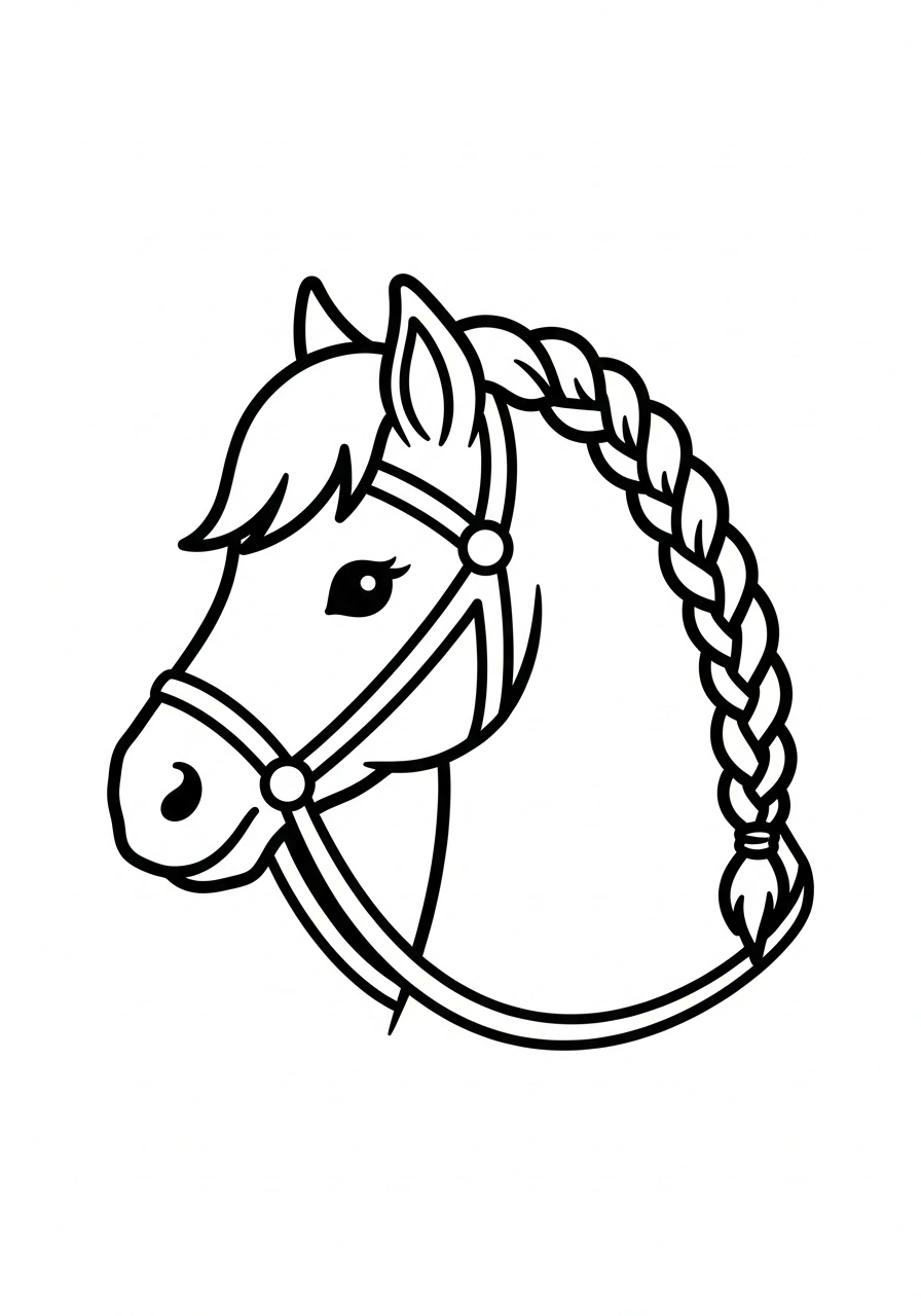 Paarden kleurplaat van een paardenhoofd met gevlochten manen en een vriendelijke blik kleurplaat