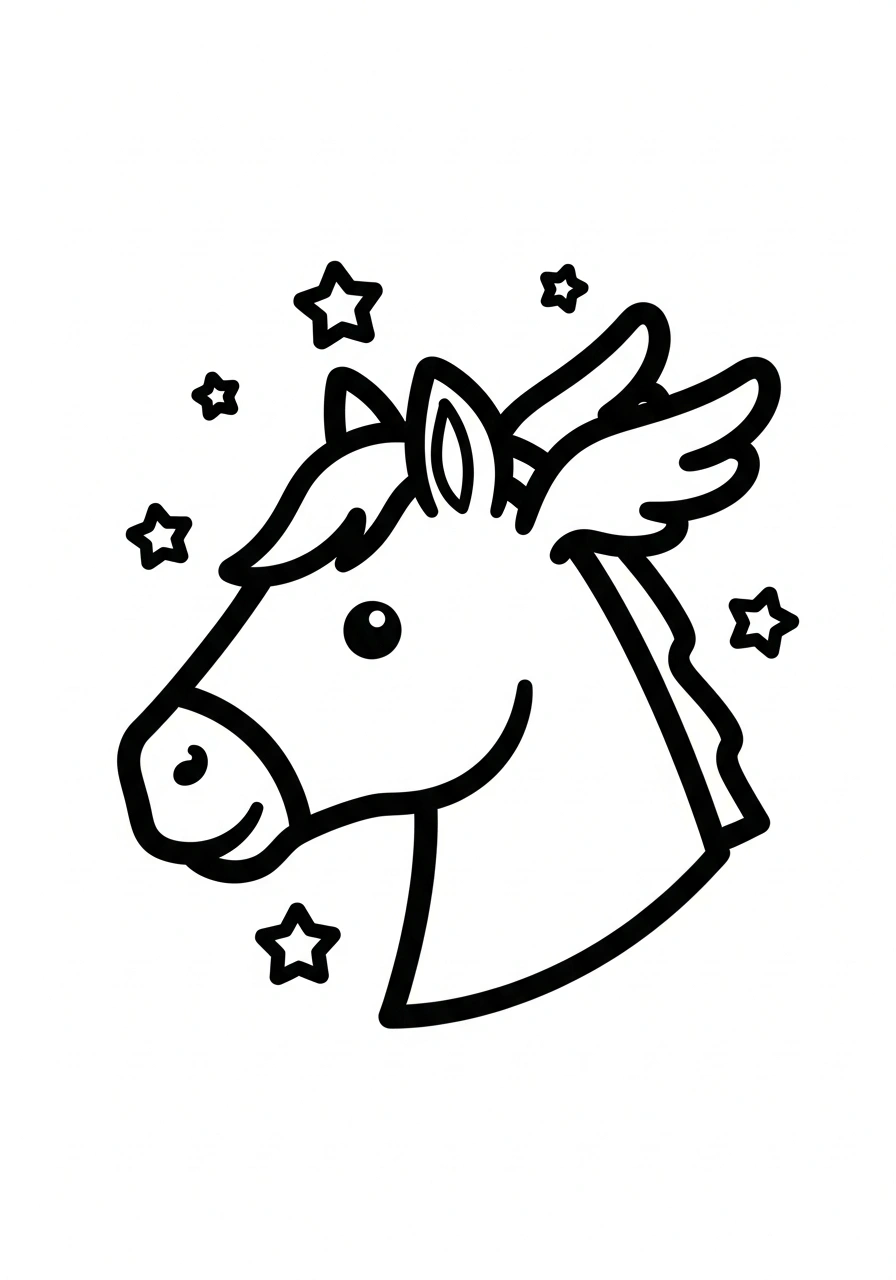 Paarden kleurplaat van een paardenhoofd met kleine fantasievleugeltjes en sterretjes, lief en kindvriendelijk kleurplaat