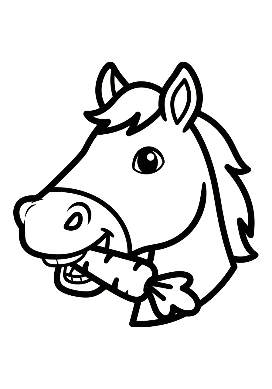 Paarden kleurplaat van een paardenhoofd dat een wortel eet, met een vrolijke uitdrukking kleurplaat
