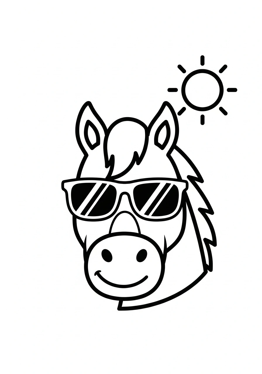 Paarden kleurplaat van een paardenhoofd met zonnebril, grappig en modern voor kinderen kleurplaat