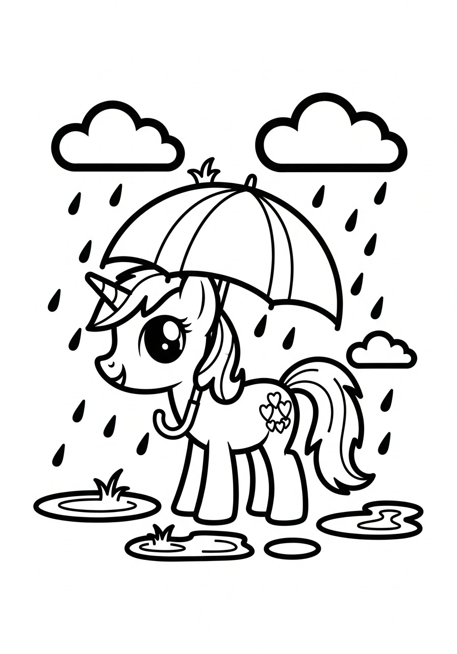 Paarden kleurplaat van een pony in de regen met een paraplu en plassen op de grond kleurplaat