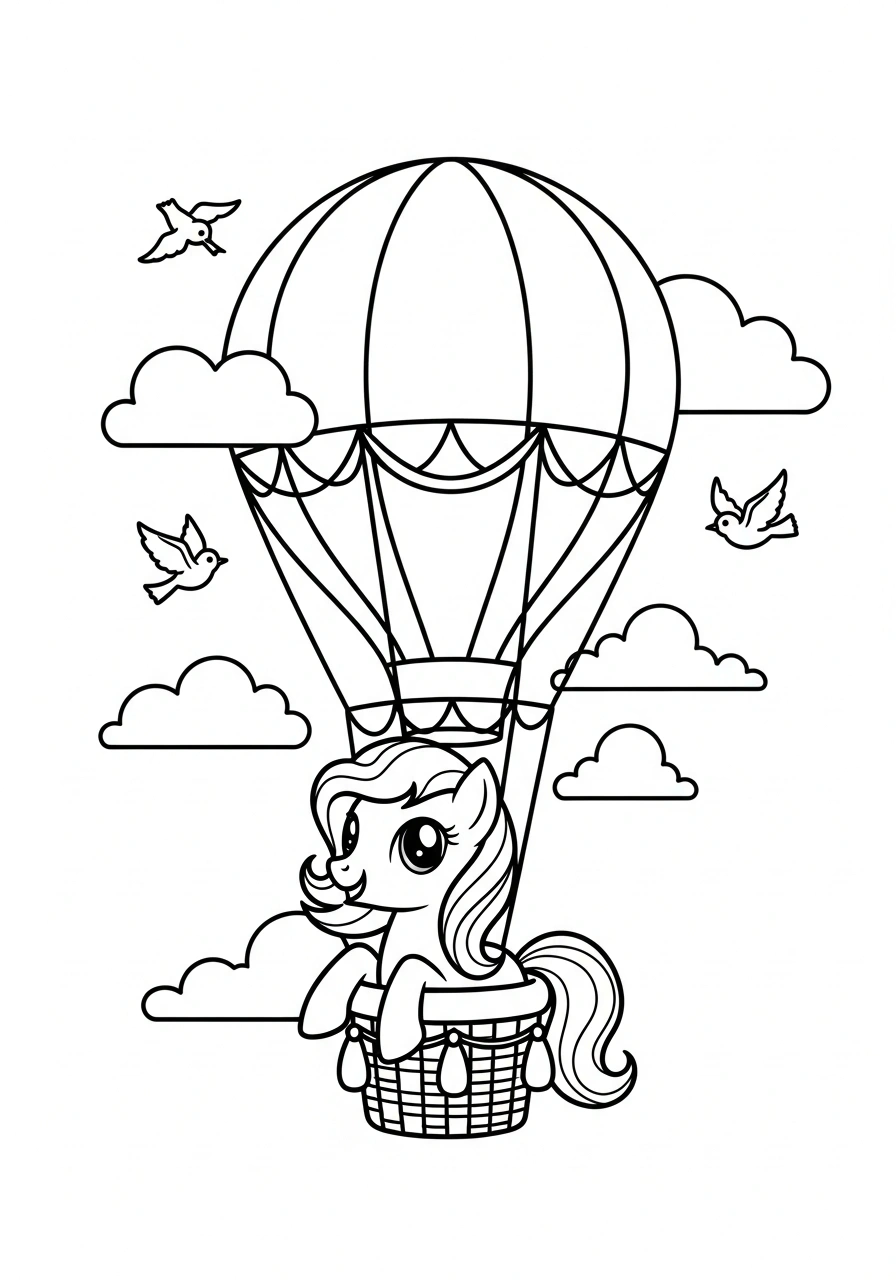 Paarden kleurplaat van een pony in een luchtballon met wolken, fantasierijk en kindvriendelijk kleurplaat