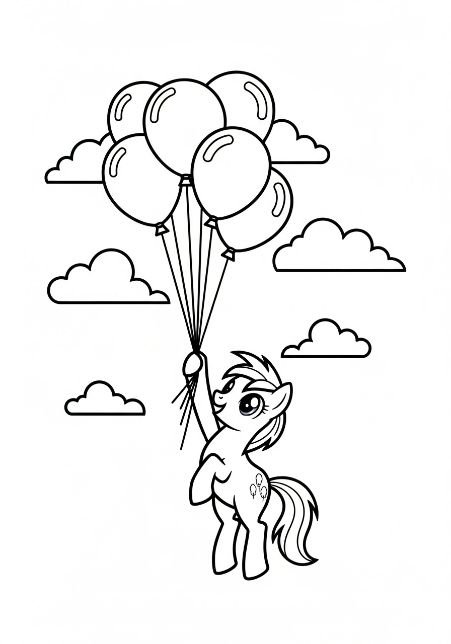 Paarden kleurplaat van een pony met een boeket ballonnen, vrolijk en feestelijk voor kinderen kleurplaat