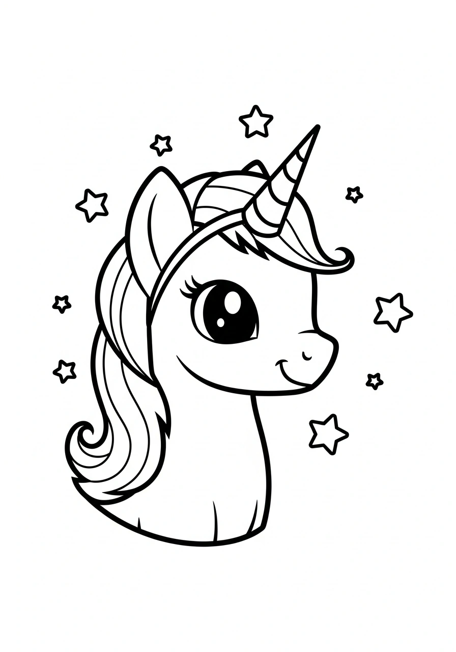 Paarden kleurplaat van een pony met een eenhoorn-hoofdband en sterretjes, fantasierijk en kindvriendelijk kleurplaat