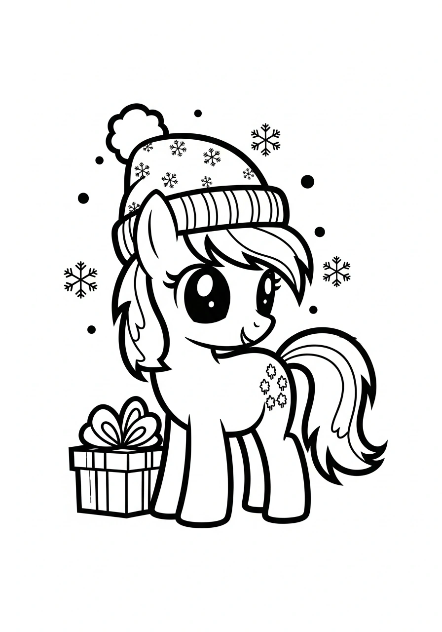 Paarden kleurplaat van een pony met kerstmuts en sneeuwvlokken, feestelijk en eenvoudig kleurplaat
