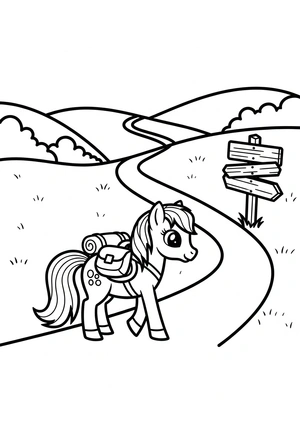 Pony met rugzak op avontuur kleurplaat
