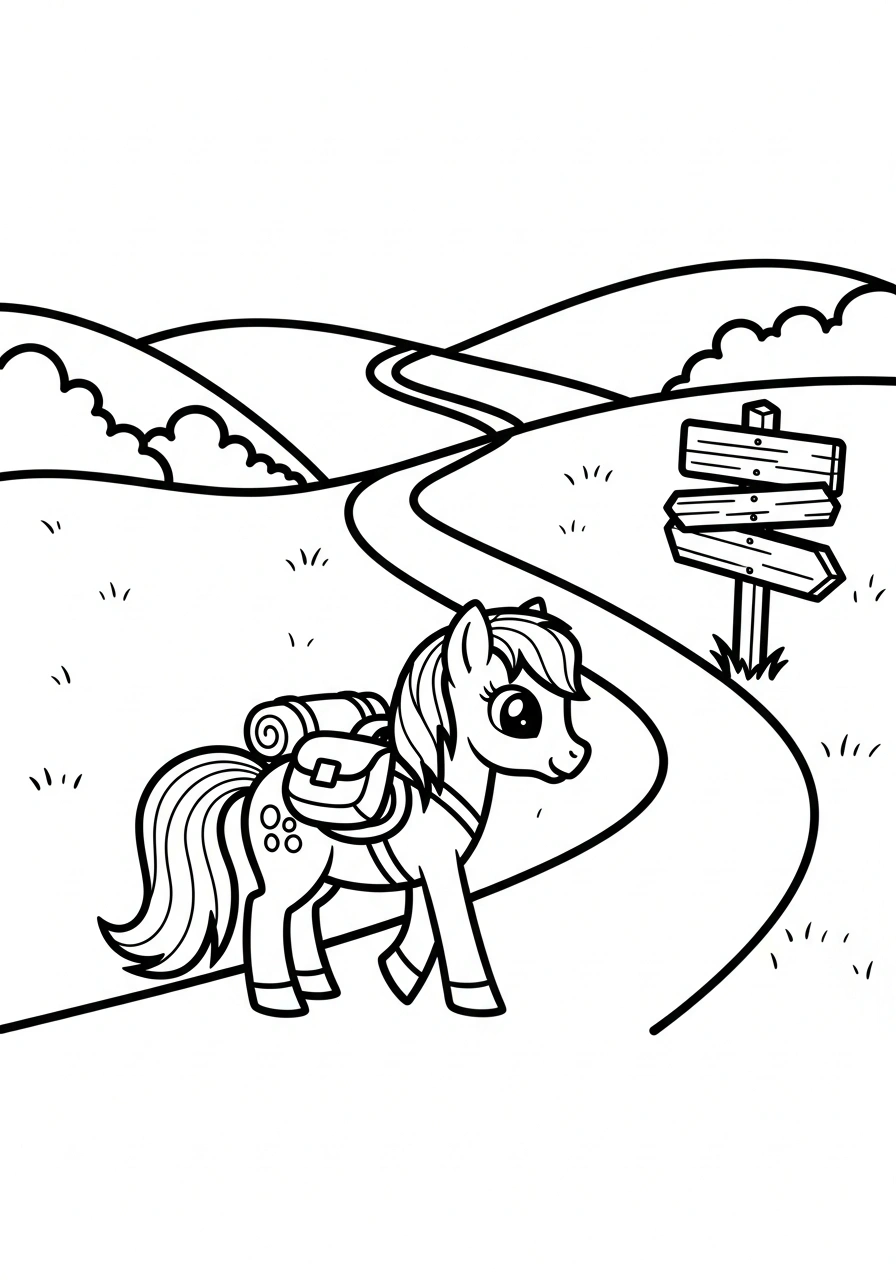 Paarden kleurplaat van een pony met een rugzak die op avontuur gaat langs een pad met heuvels kleurplaat