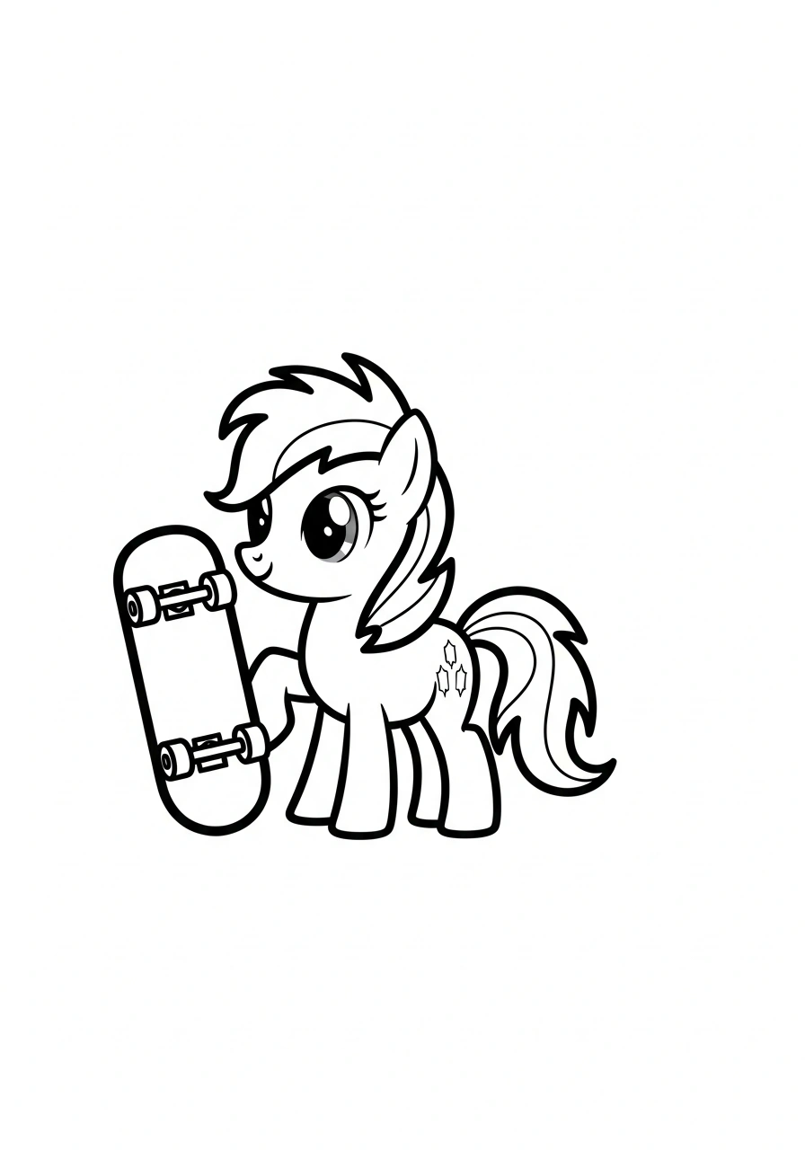 Paarden kleurplaat van een pony met een skateboard, grappig en kindvriendelijk met simpele lijnen kleurplaat