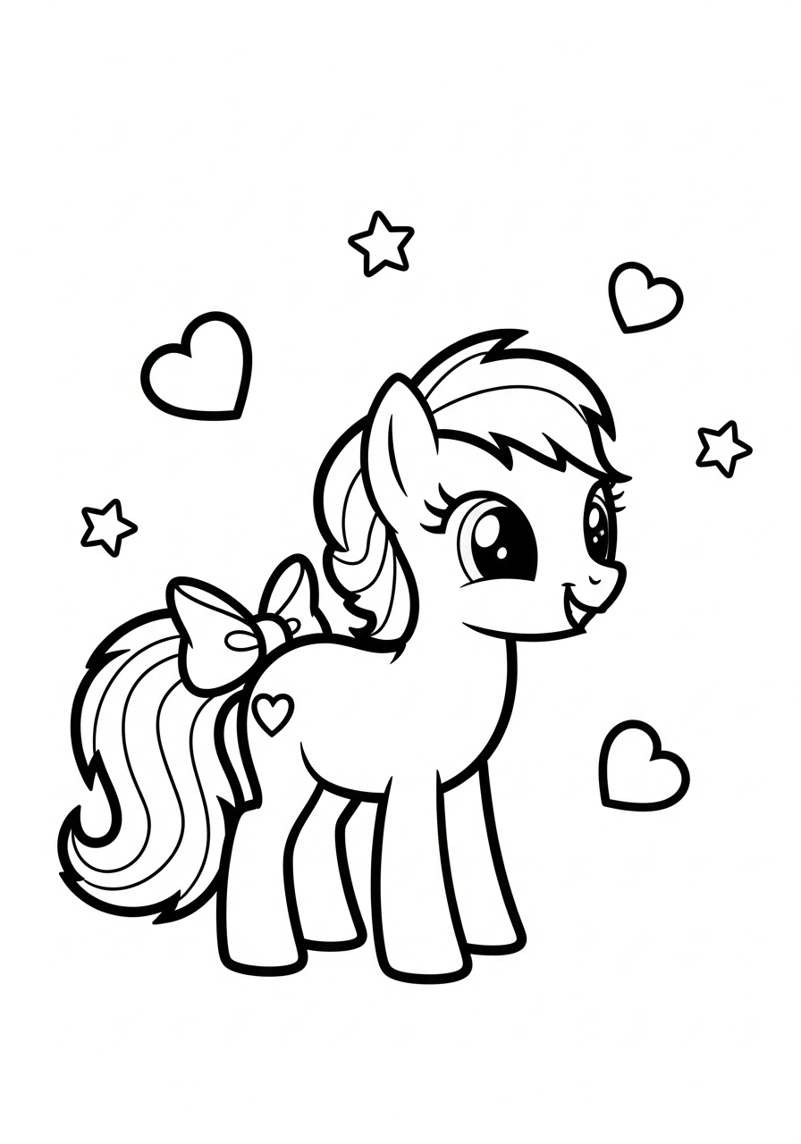 Paarden kleurplaat van een schattige pony met een grote strik in de staart en een glimlach kleurplaat