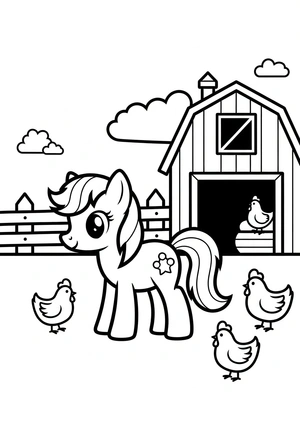 Pony op de boerderij met kippen kleurplaat