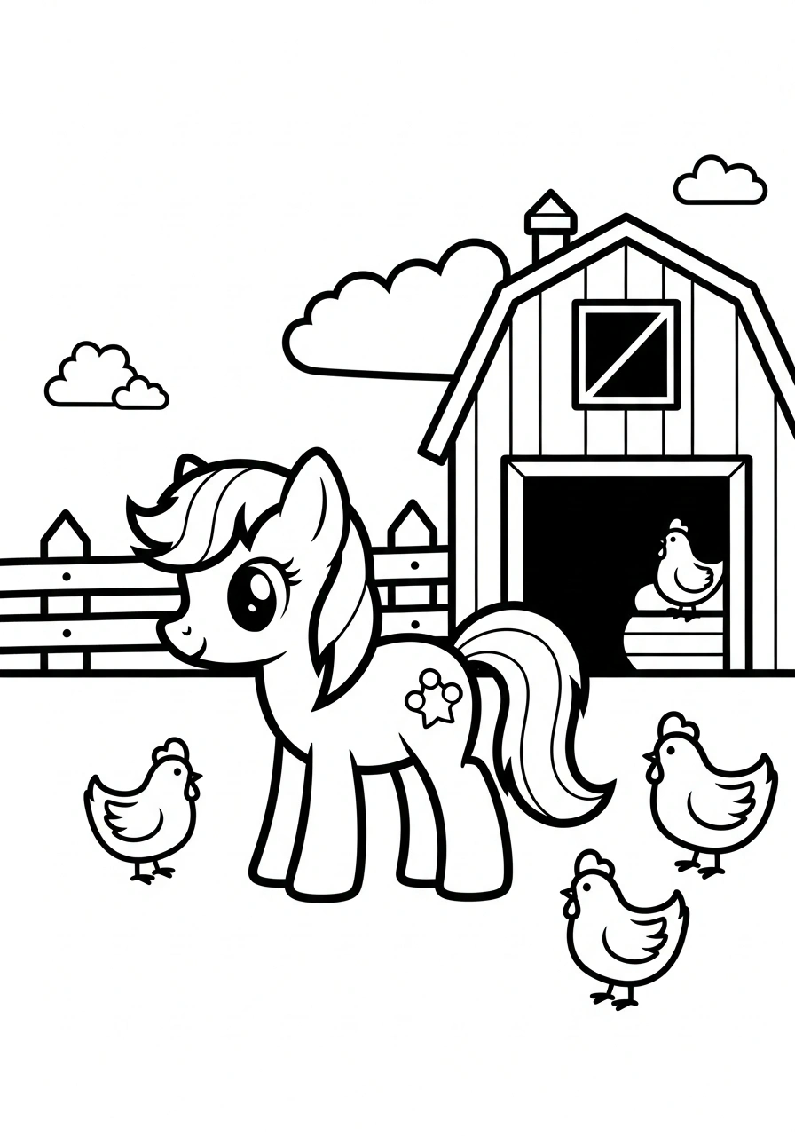 Paarden kleurplaat van een pony op de boerderij met kippen en een schuur op de achtergrond kleurplaat