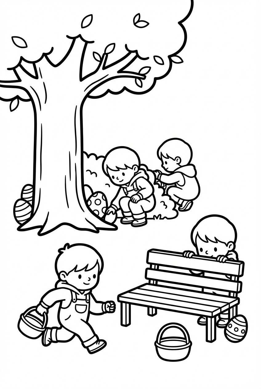 Pasen kleurplaat van kinderen die eieren zoeken in het park