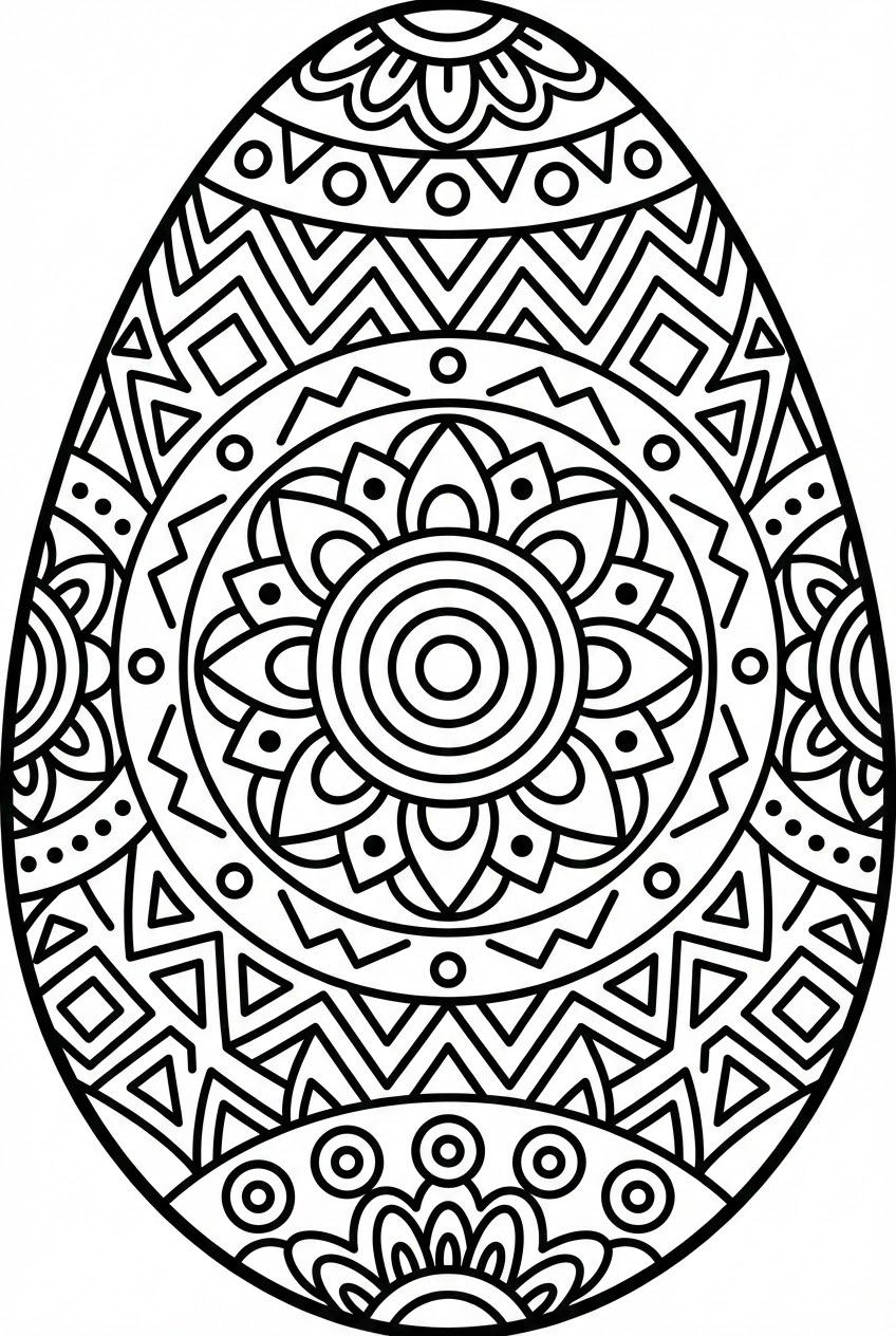 Pasen kleurplaat van een groot paasei met mandala patronen
