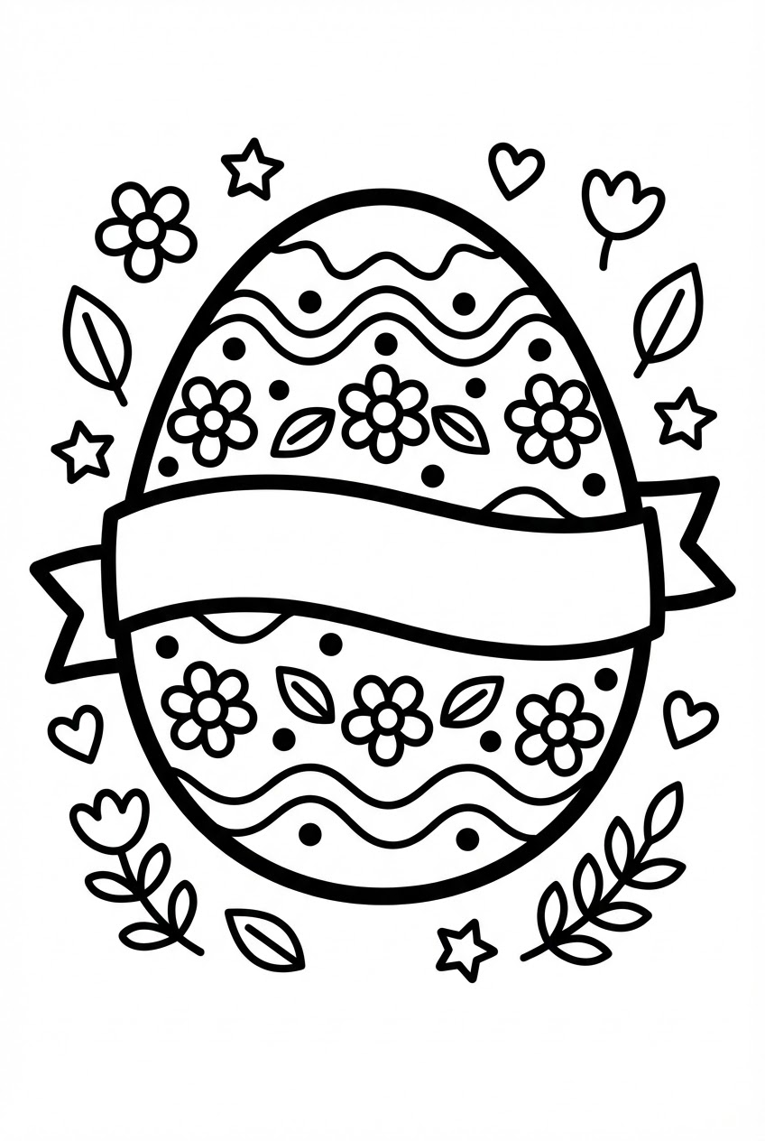 Pasen kleurplaat van een paasei met naamvak om in te vullen