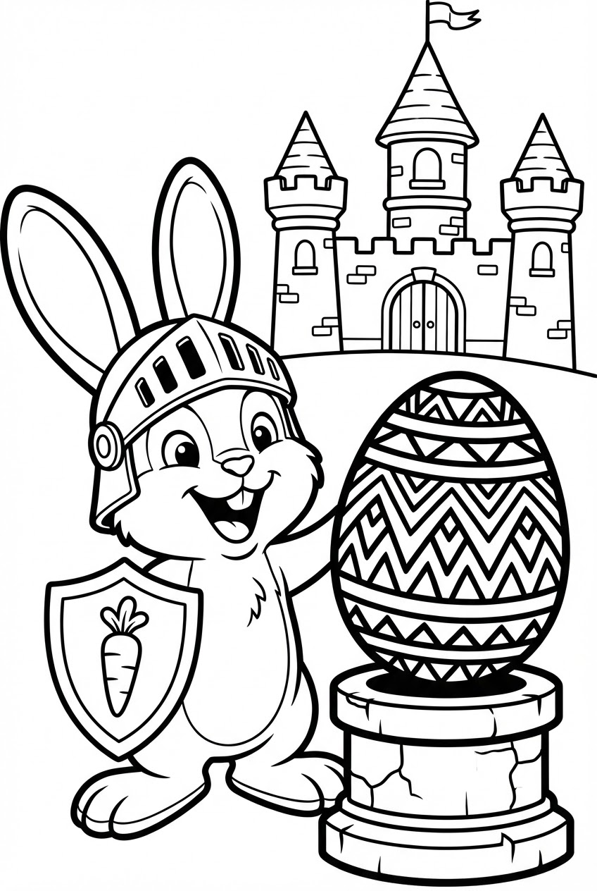 Pasen kleurplaat van een paashaas ridder met een groot paasei