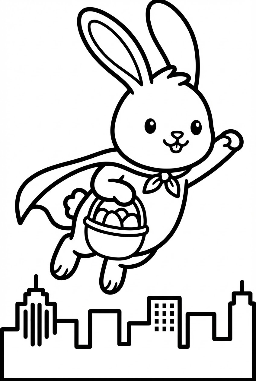 Pasen kleurplaat van een paashaas superheld met een mand paaseieren