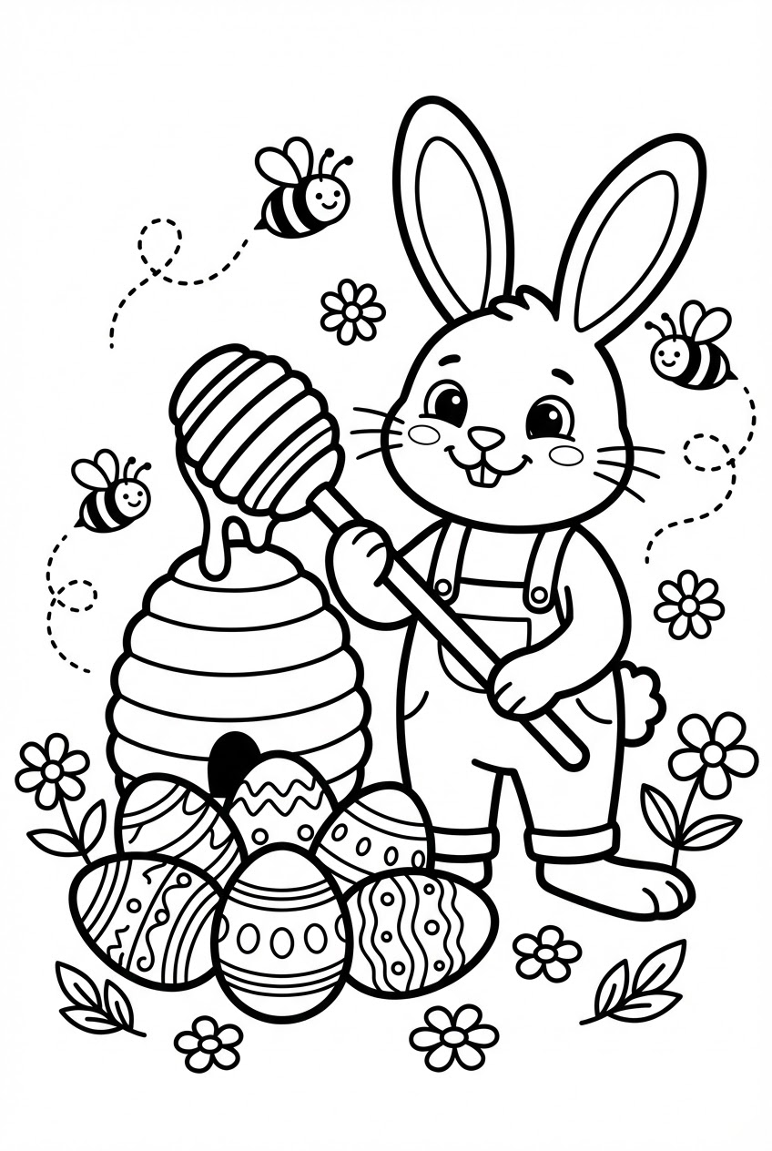Pasen kleurplaat van een paashaas met bijen en honing-eieren