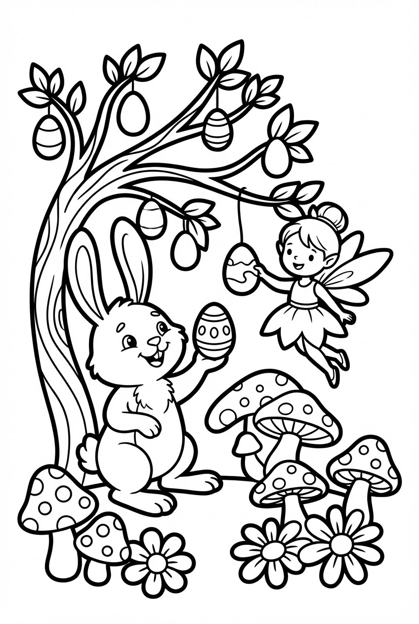 Pasen kleurplaat van een paashaas en elfje die het bos versieren