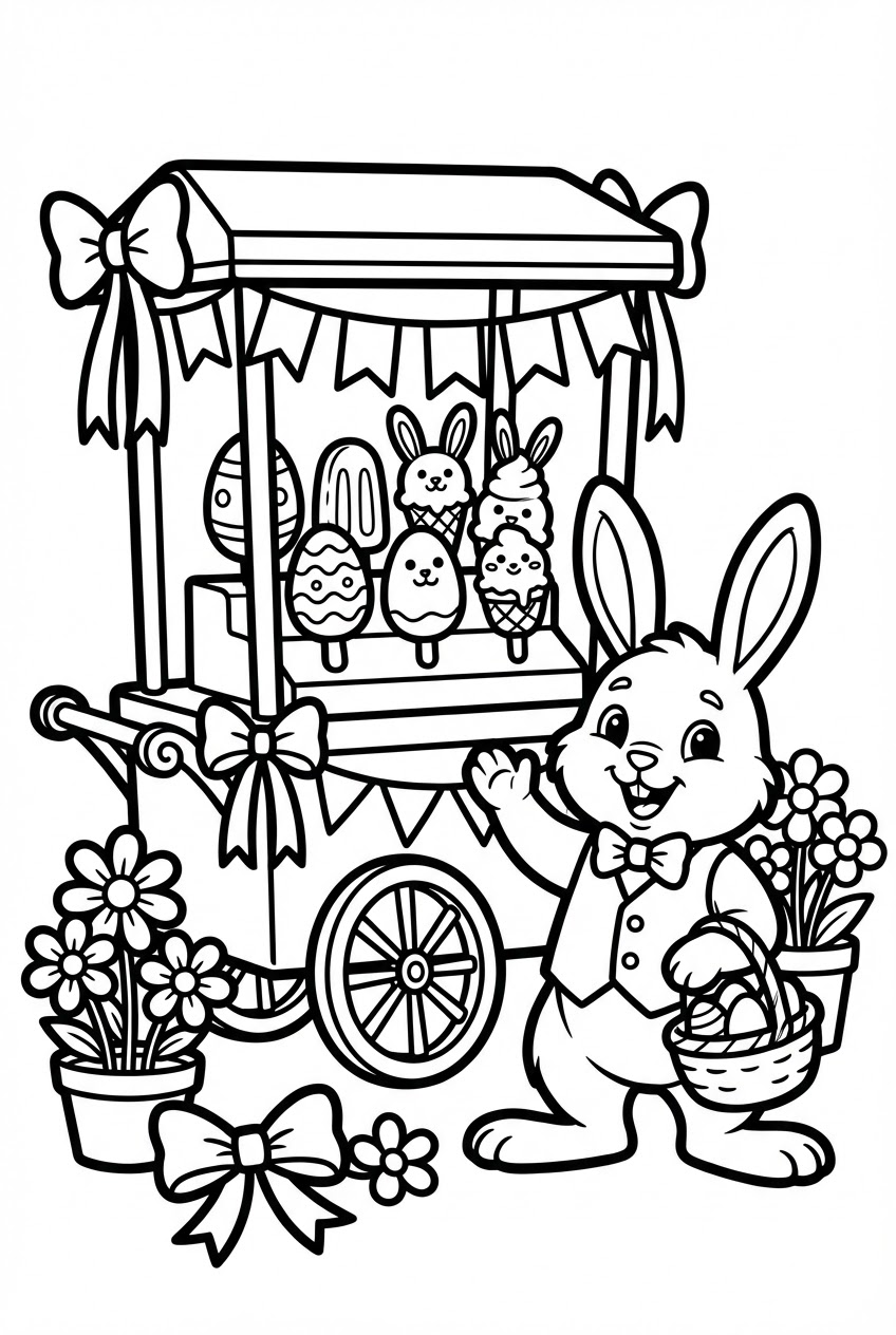 Pasen kleurplaat van een paashaas bij een ijscoman met paasijsjes