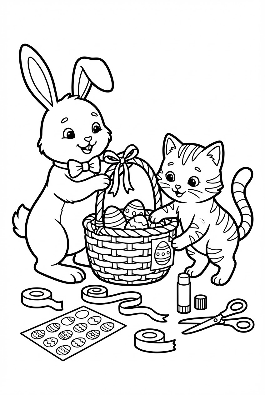 Pasen kleurplaat van een paashaas en kat die een paasmand versieren