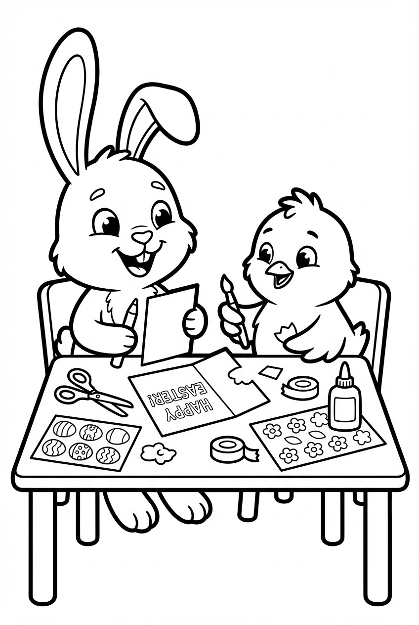 Pasen kleurplaat van een paashaas en kuiken die een kaart maken
